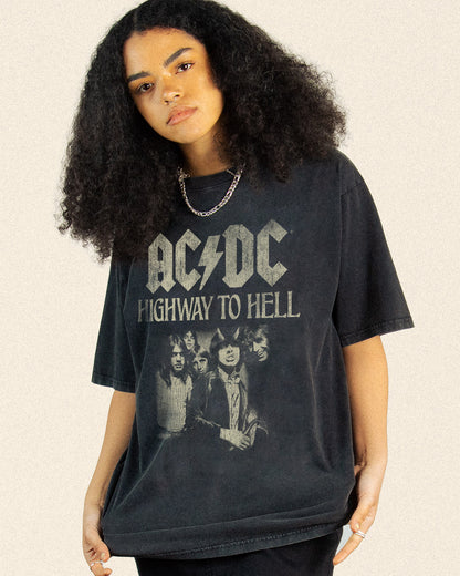 model wearing a black washed vintage tee with ACDC Highway To Hell graphic