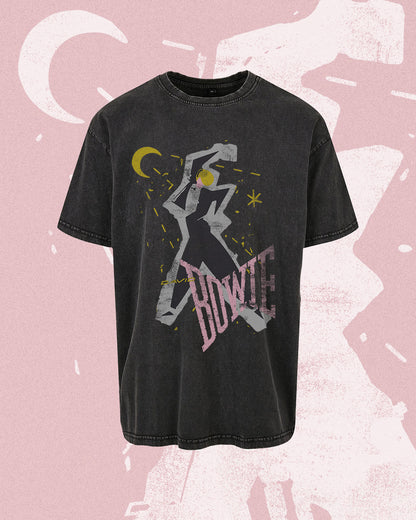 vintage black washed tee of David Bowie moon light graphics