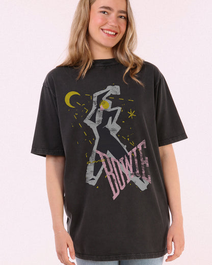 model wearing a vintage black washed tee of David Bowie moon light graphics