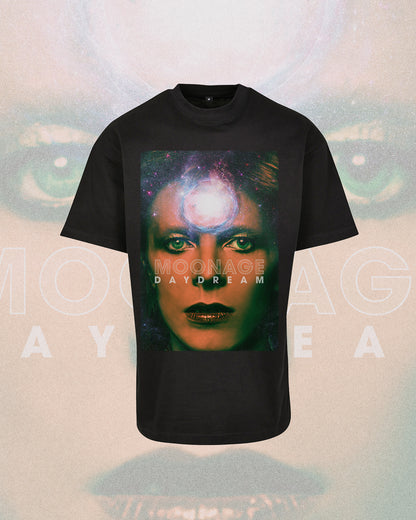 Black tee with a vintage David Bowie Moonage graphic of his face close up