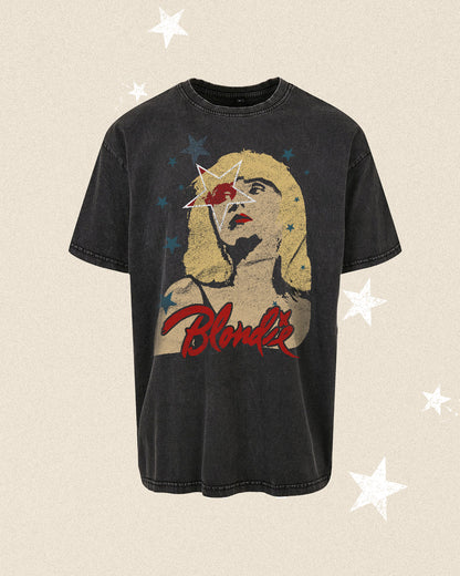 Blondie rock star on a black washed vintage tee