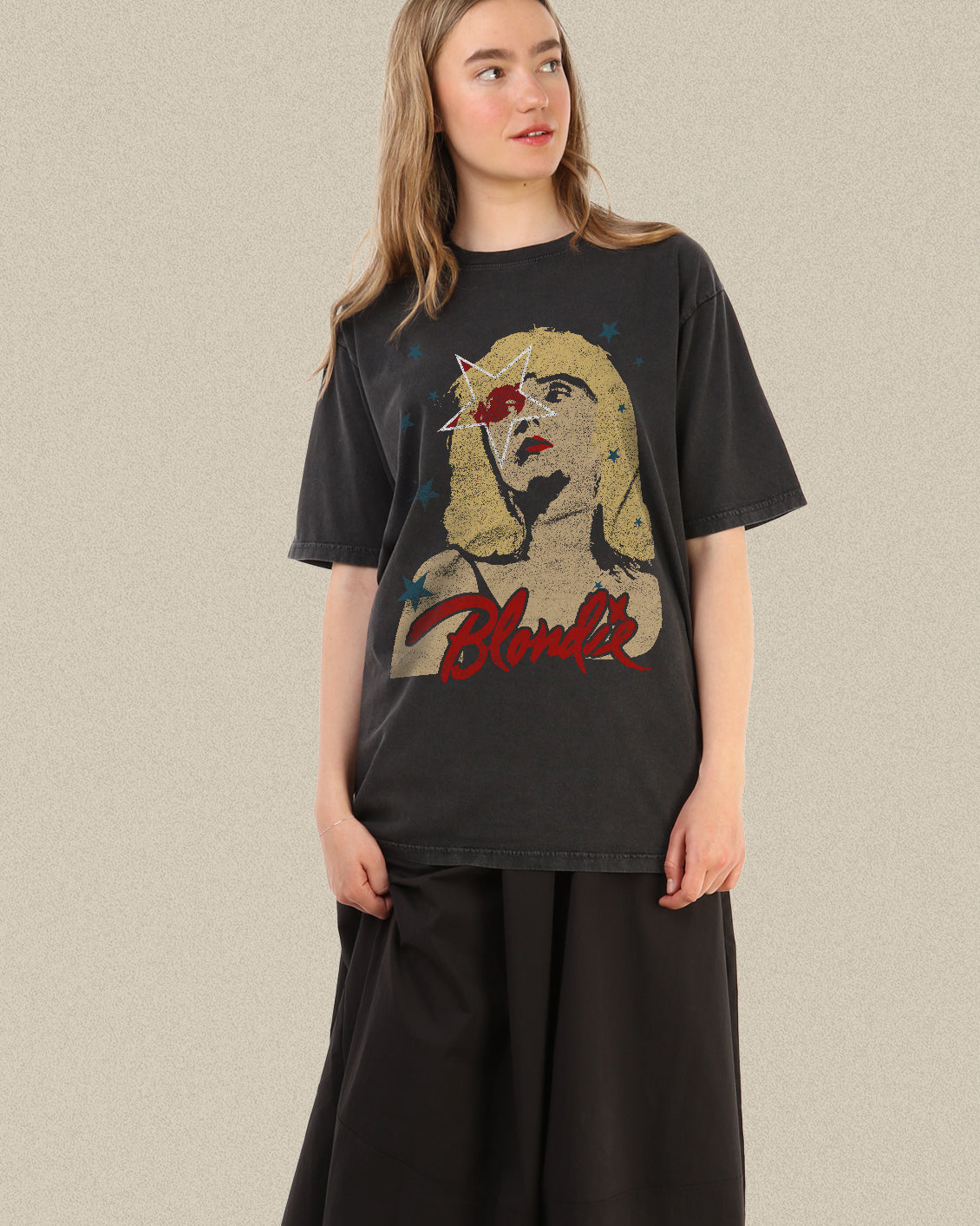 Blondie rock star on a black washed vintage tee