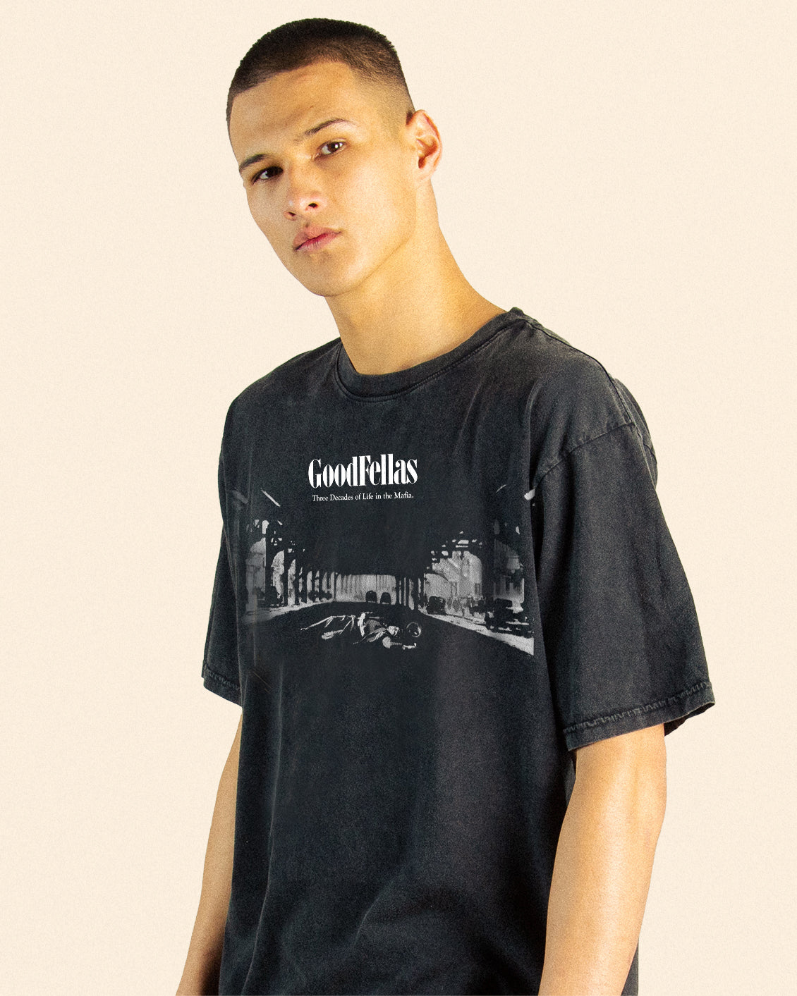 black washed tee with white GoodFellas mafia movie graphic 