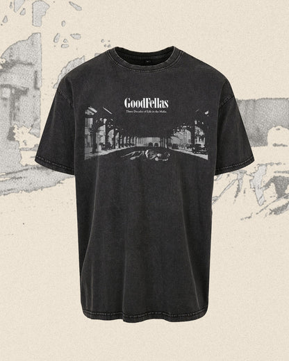 black washed tee with white GoodFellas mafia movie graphic 