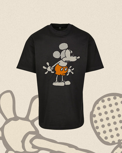 MICKEY MOUSE POSE DROP graphic on a black SHOULDER TEE 