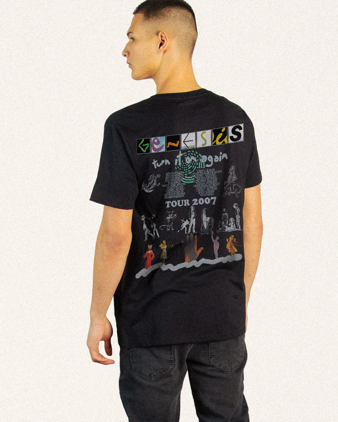 Genesis Turn it On Again back vintage print graphic on a black tee