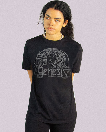 model wearing a vintage black washed tee of genesis graphic