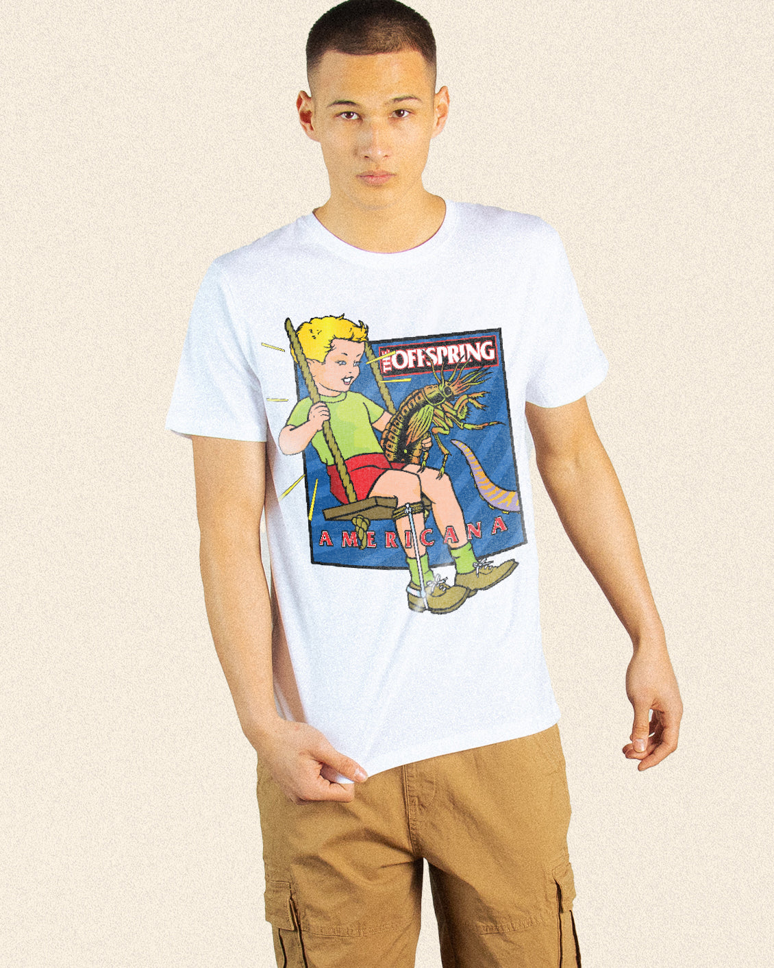 Model pulling a white tee down, featuring the offspring Americana vintage graphic 