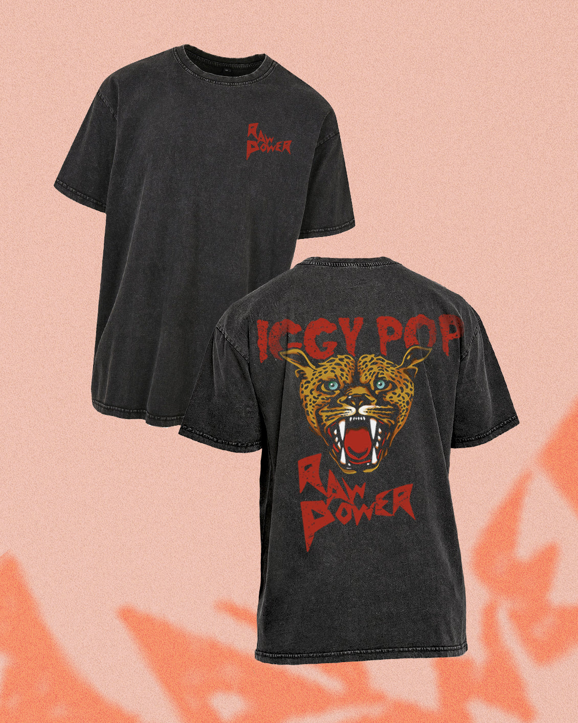 Black washed vintage tee with Iggy Pop Raw Power leopard print graphic