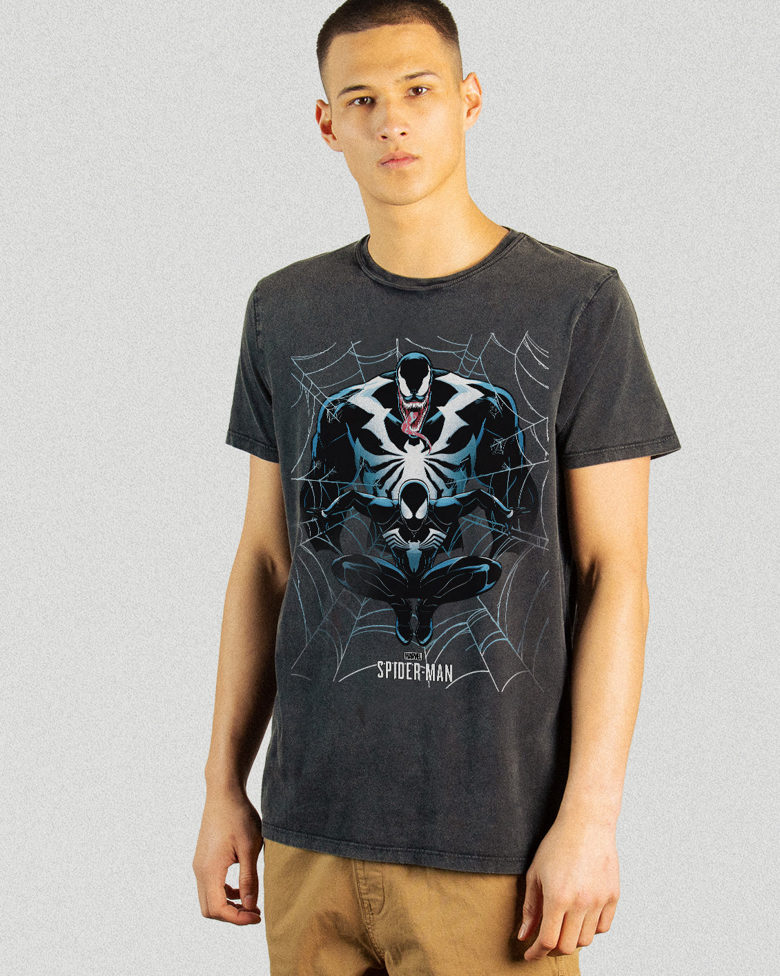 Model wearing a SPIDER-MAN BLACK WITH VENOM WEB WASHED OVERSIZED vintage WASHED BLACK TEE 