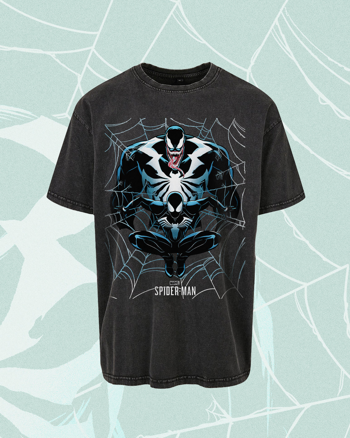 SPIDER-MAN BLACK WITH VENOM WEB WASHED OVERSIZED WASHED vintage BLACK TEE 