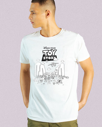 Model wearing a TOY STORY DOODLE black graphic on a DROP SHOULDER TEE in white colour 